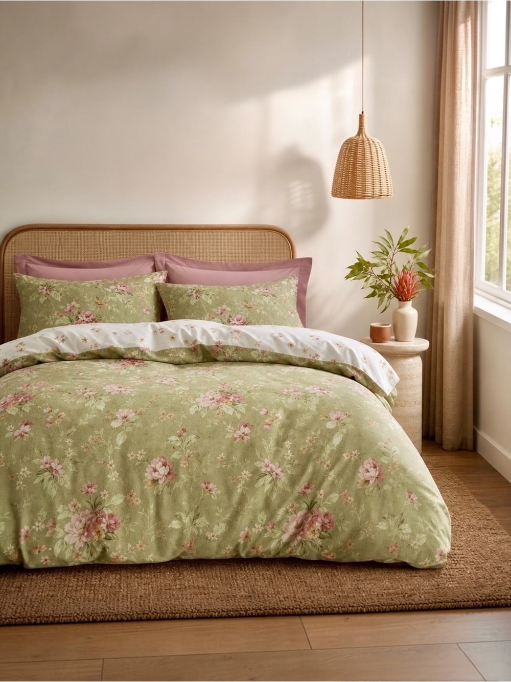 NEW Anthro Green Boho Queen / King Size Reversible Floral Bedding Duvet Sham Set